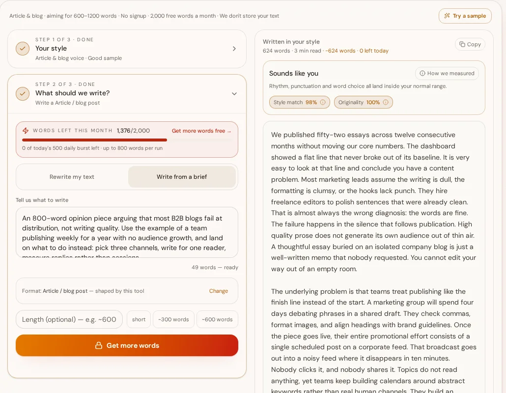 A generated 624-word article draft opening on a concrete claim, scored at 98 percent style match and 100 percent originality with a receipt showing 624 words spent