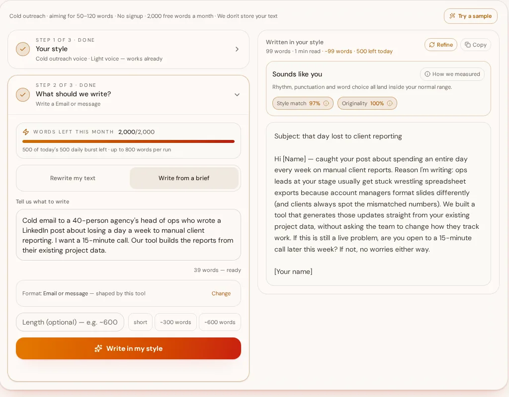 A generated cold email with a 39-character subject line, a 99-word body ending in one 15-minute call request, next to 97 percent style match and 100 percent originality gauges