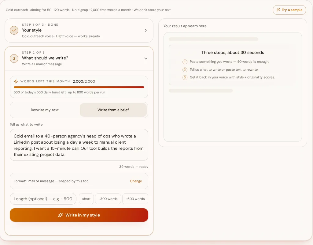 StyleMimic cold email writer with step one marked done after scanning sent outreach, and step two holding a 39-word brief about an agency ops lead losing a day a week to manual reporting