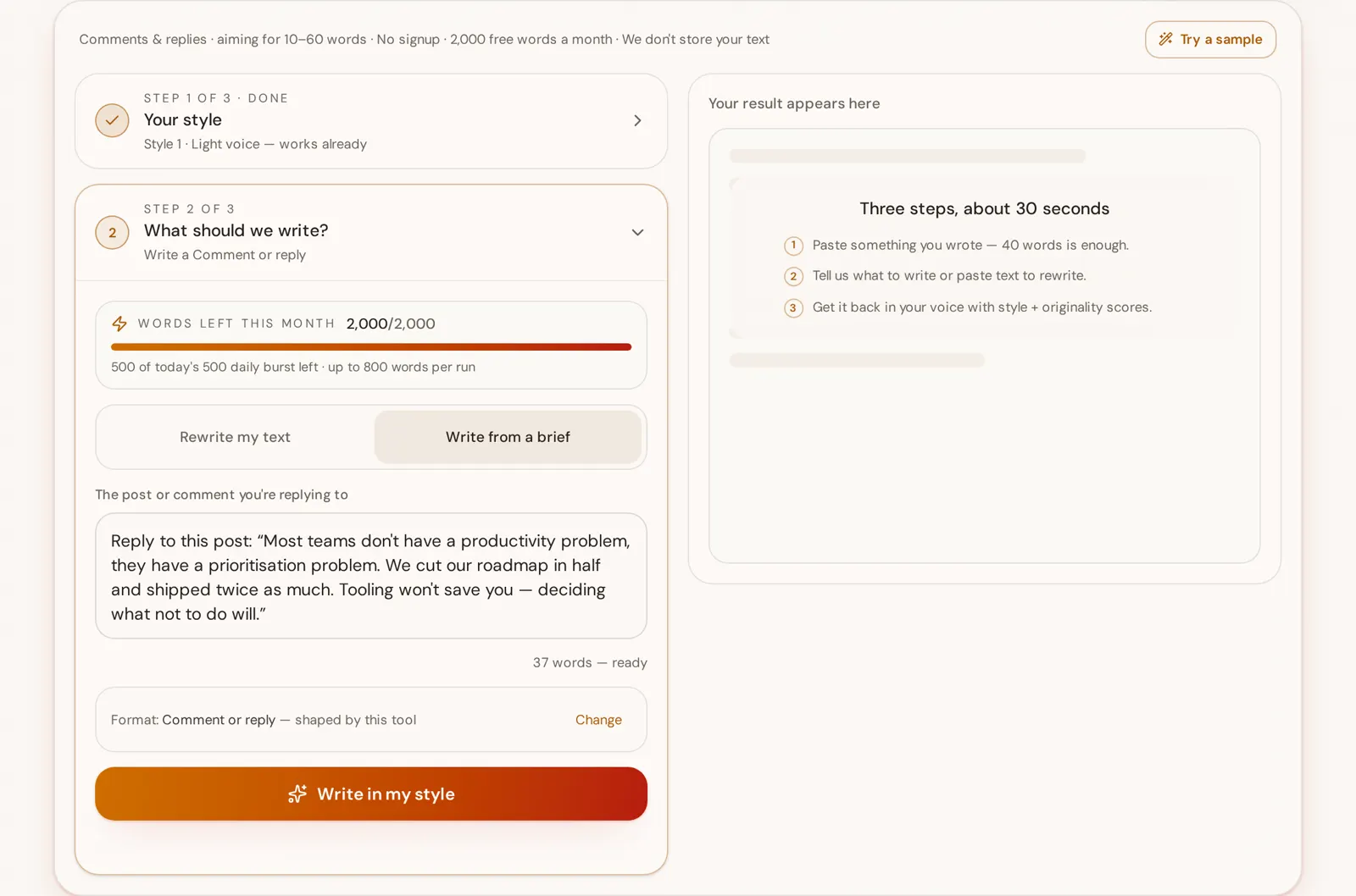 StyleMimic comment generator after scanning a sample of past comments, with the reply-target field filled and the words meter showing the monthly allowance