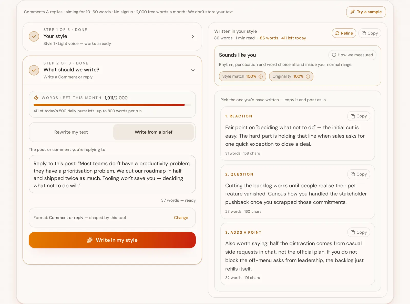 Three generated reply options labelled reaction, question and adds a point, each with a word and character count, next to 100% style match and originality gauges