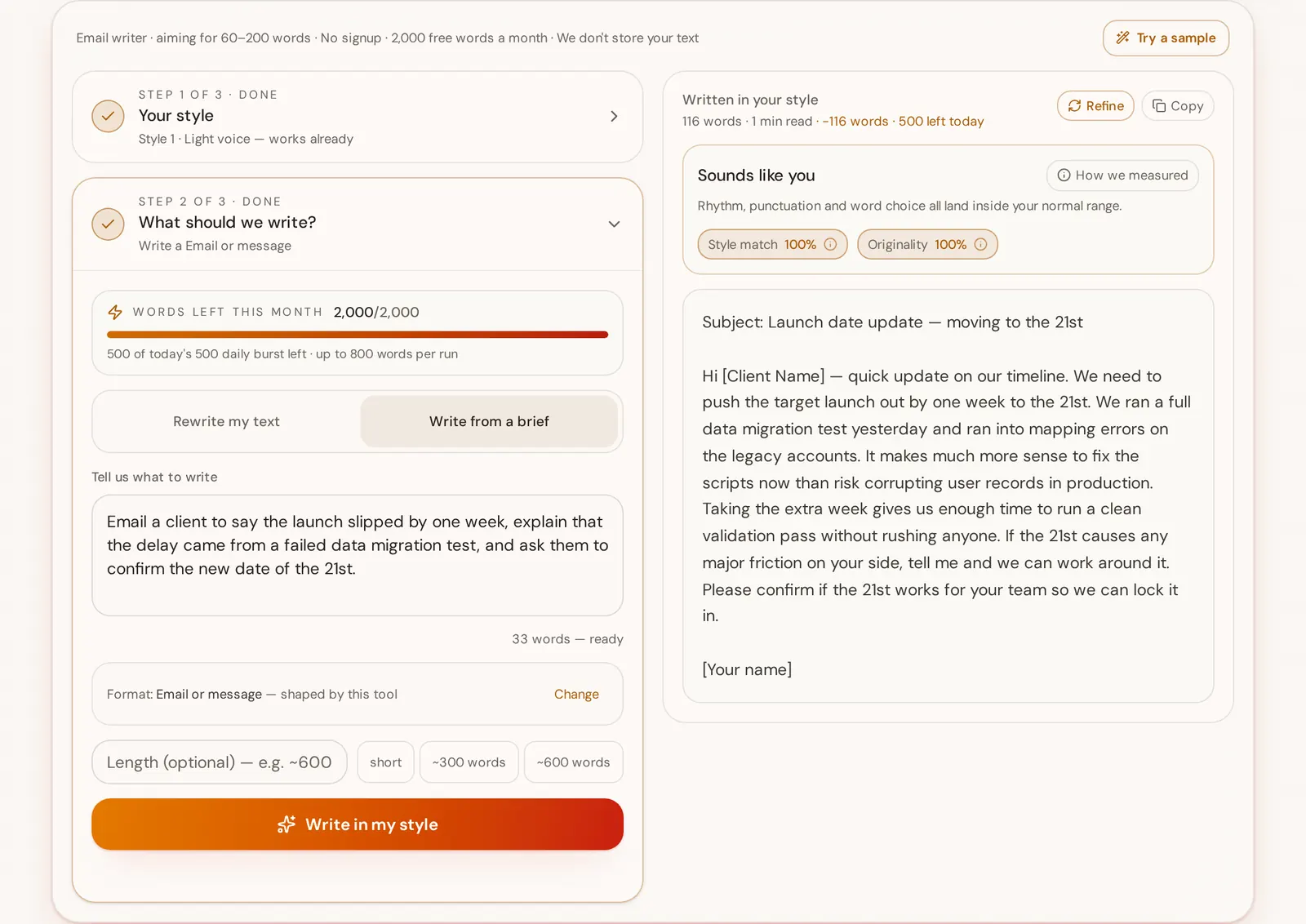 A generated email with a 42-character subject line, a 116-word body ending in one confirmation request, next to 100 percent style match and originality gauges and a words receipt