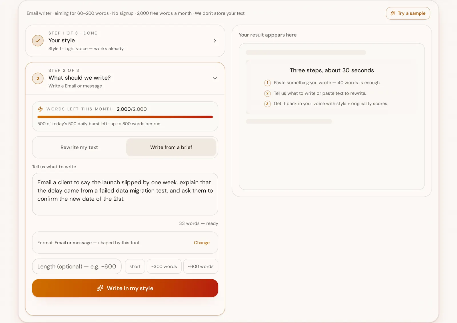 StyleMimic email writer with step one marked done after scanning a sample of previously sent emails, and step two holding a 33-word brief about a delayed launch