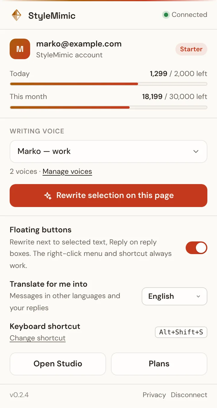 The StyleMimic extension window from the toolbar: account, word balance, writing voice, floating buttons switch, translation language and keyboard shortcut