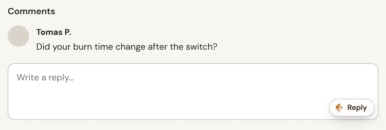 A comment box on a blog with the StyleMimic Reply button in its corner