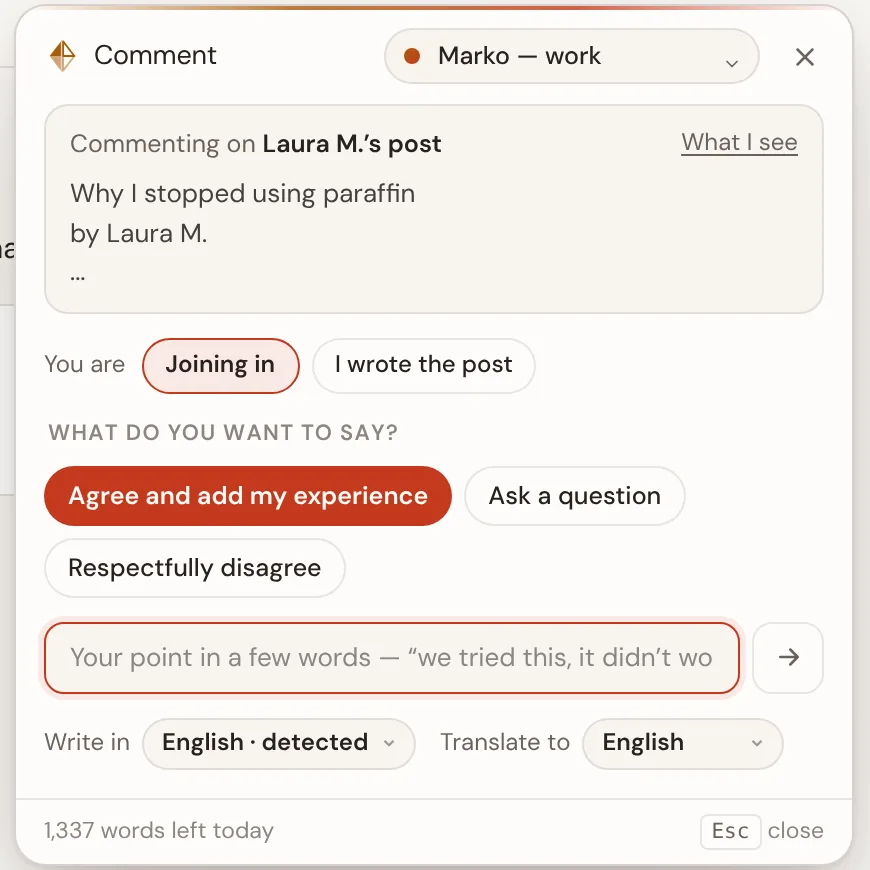 The reply panel with the post being answered, Joining in or I wrote the post, suggested directions and a field for your point