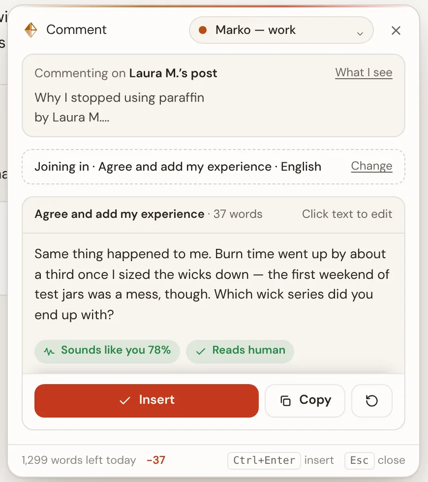 The StyleMimic panel open under a comment box, showing a reply written in the user's voice with a Sounds like you score and an Insert button