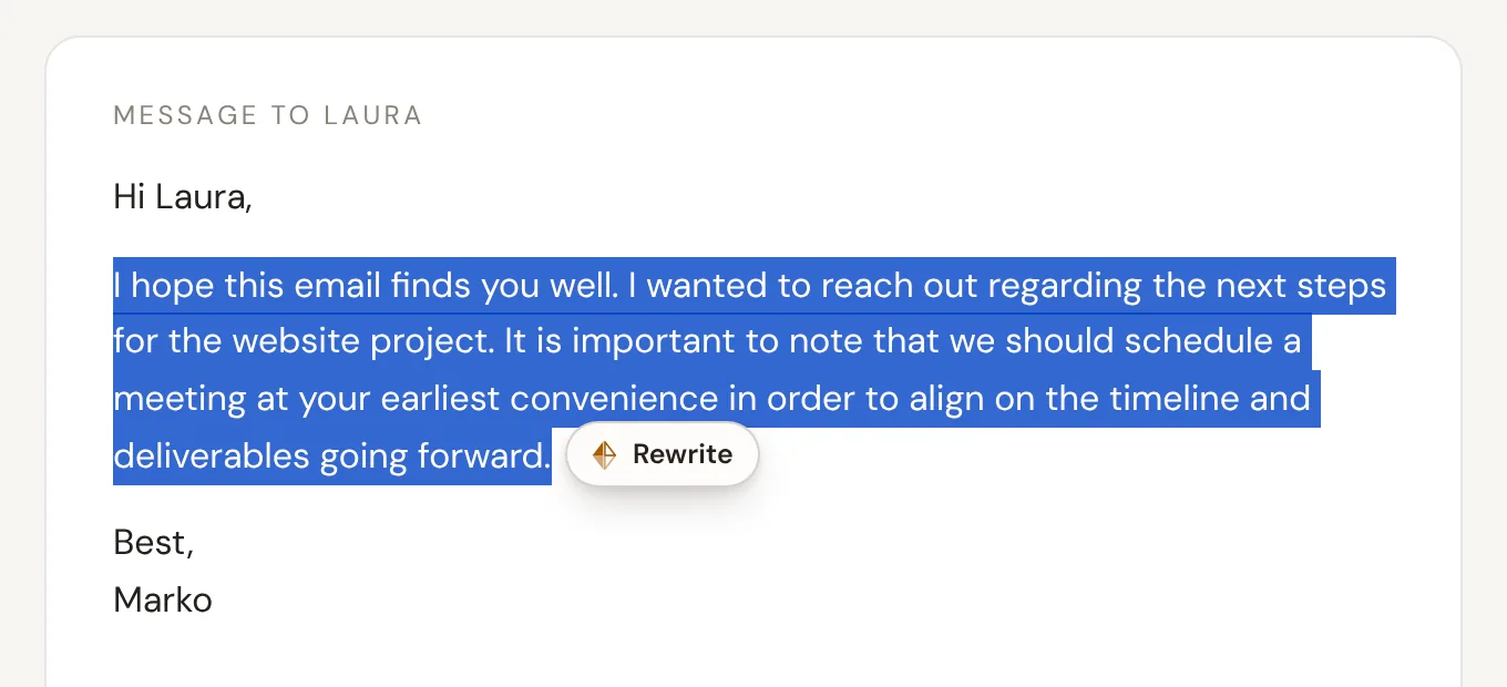 Selected text in a message draft with the StyleMimic Rewrite button next to it