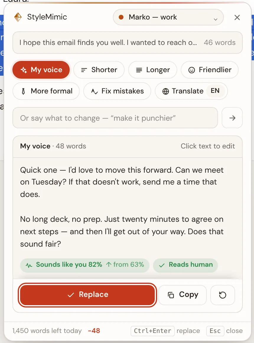 The rewrite panel with quick actions and the result in the user's voice, with a Sounds like you score