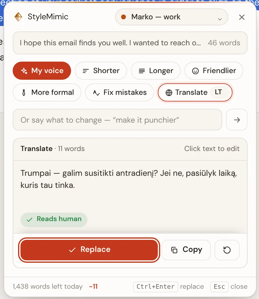 The rewrite panel showing the same text translated, ready to replace
