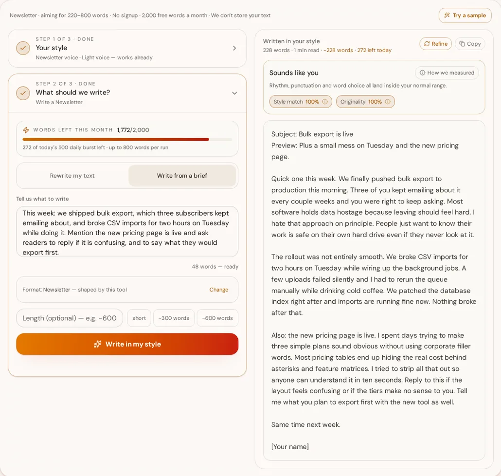 A generated 228-word newsletter issue with a subject line, preview line and body, scored at 100 percent style match and 100 percent originality