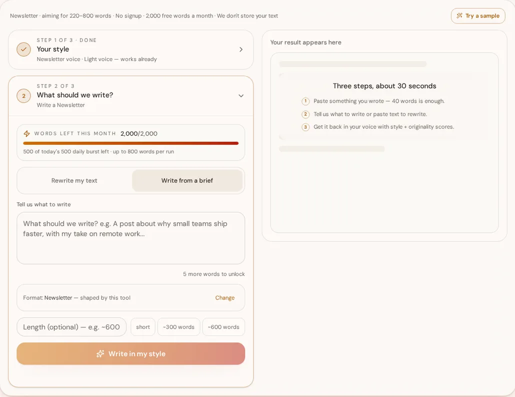 StyleMimic newsletter writer with step one marked done after scanning a past issue, and step two ready for a brief about shipping bulk export