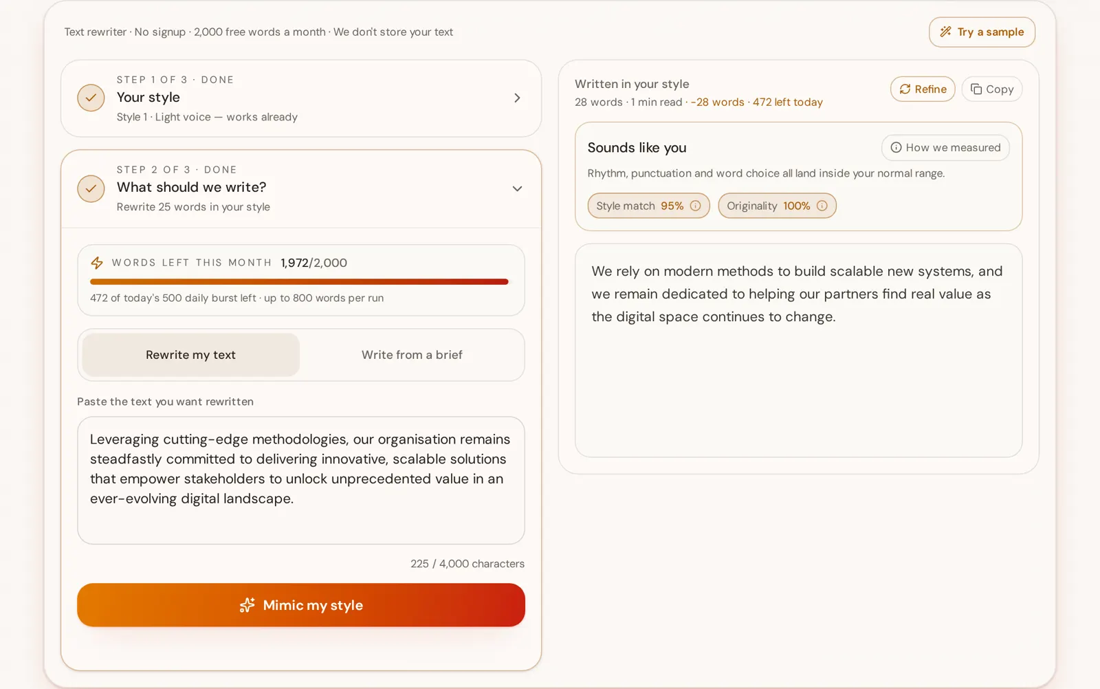 Rewritten paragraph in the user's own style with 95% style match, 100% originality and a words receipt