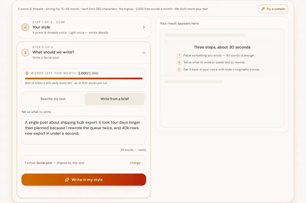 StyleMimic X post generator with step one marked done after scanning a developer's own timeline posts, and step two holding a 29-word brief about shipping a bulk export feature